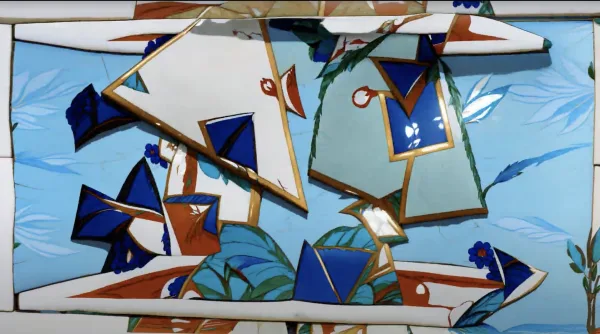 Blue and white patterned tile fragments in Diffuse Control, Living Patterns