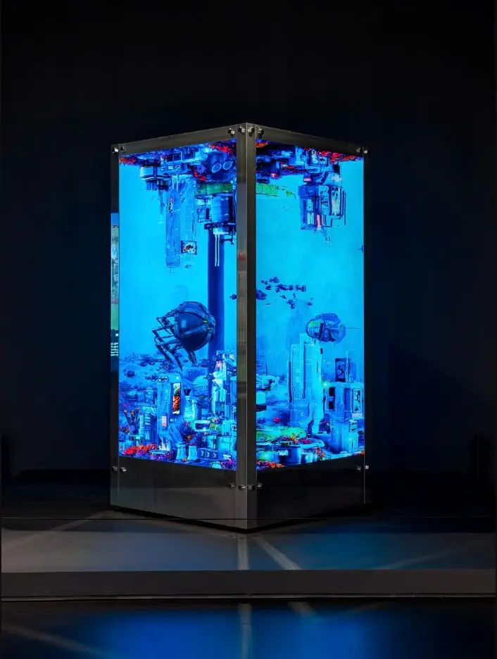 B.2124, a freestanding sculpture with luminous blue architectural imagery