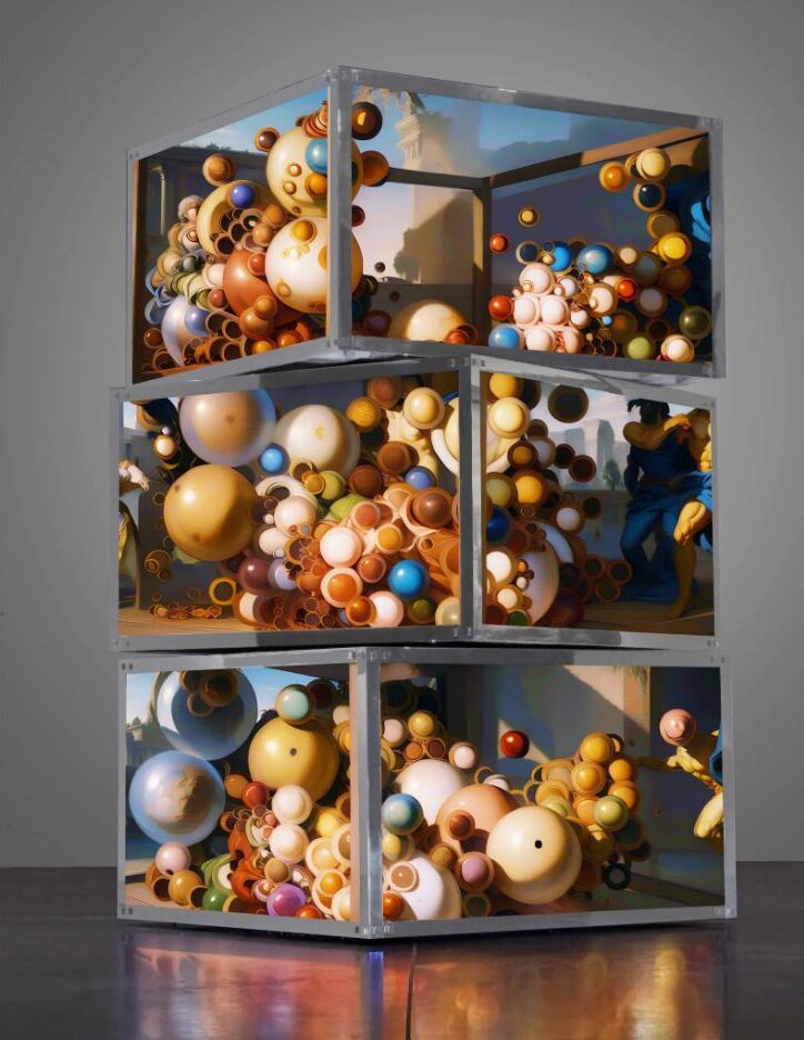 Diffuse Control, a tower of screens showing a field of rounded forms