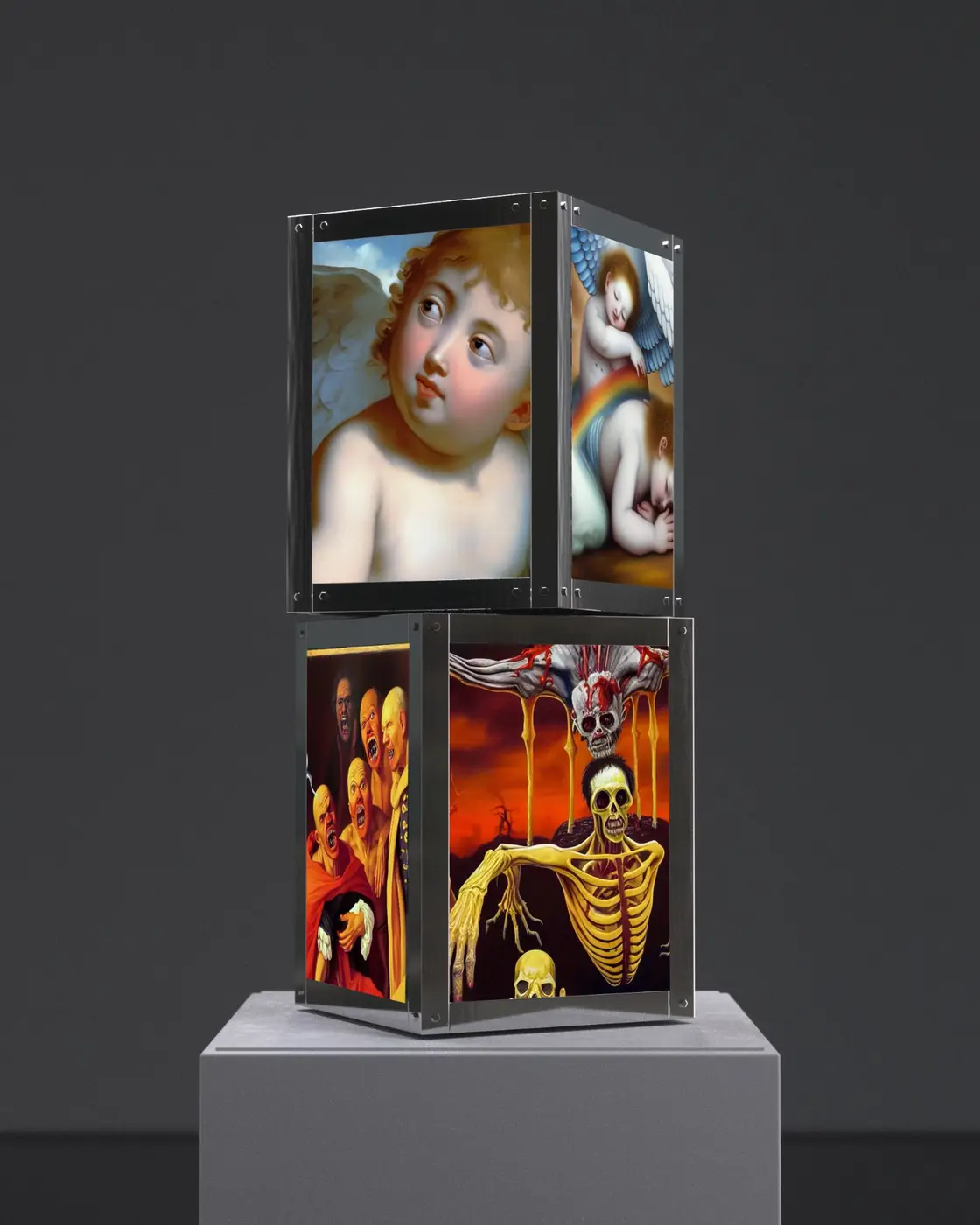 Heaven + Hell, two stacked screen structures with contrasting imagery
